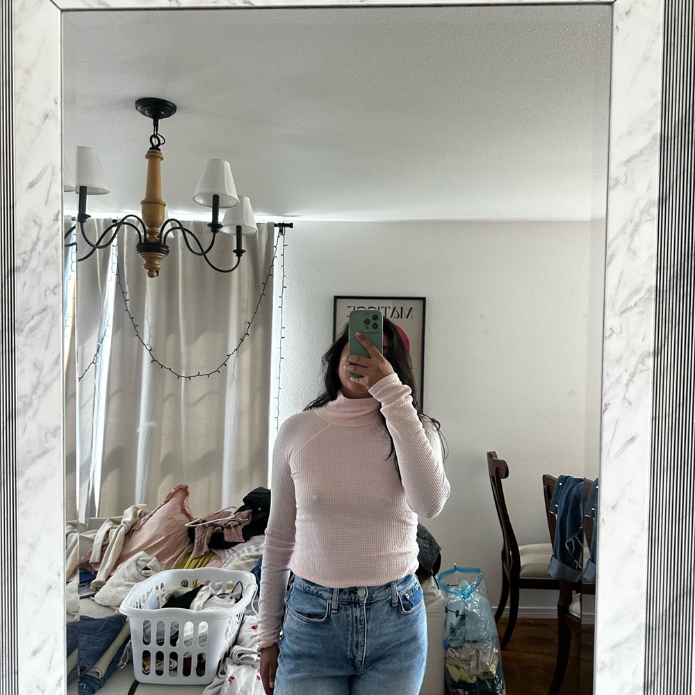 Free People Light Pink Ribbed Turtleneck Knit Top